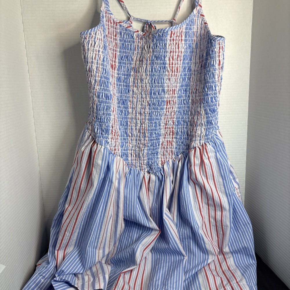 Free Assembly Women's Smocked Cotton Mini Dress Blue Red Striped size Large